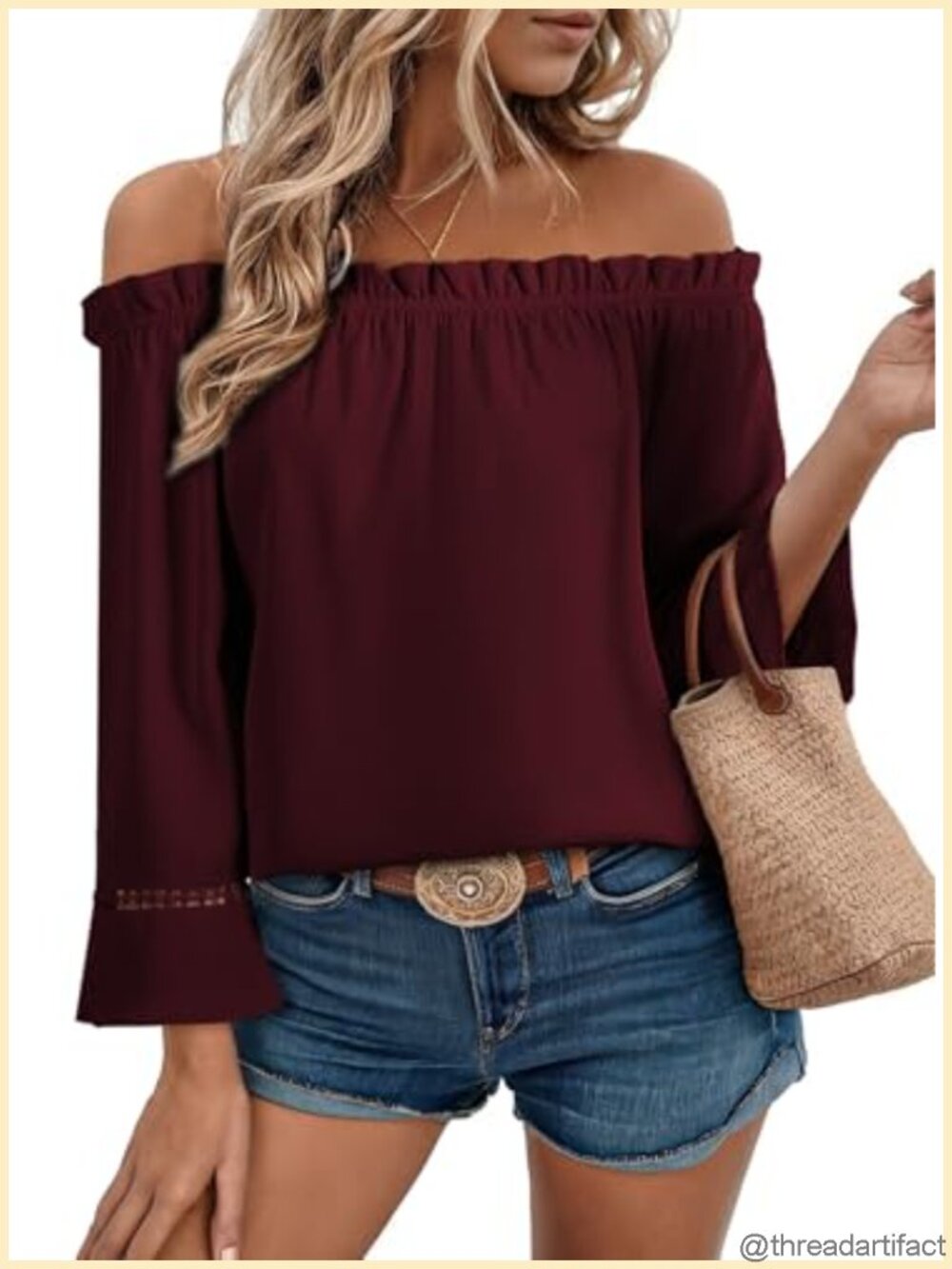 Off Shoulder Top 3/4 Ruffle Sleeve Chiffon Blouse Dressy Casual